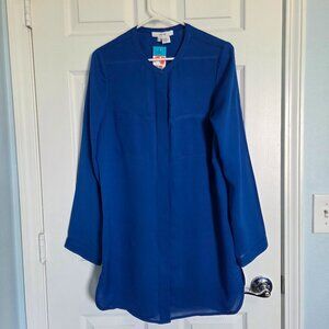 NWT Per Se 100% Silk Button Up Shirt Dress Tunic Size 6 Cobalt Blue  Semi Sheer
